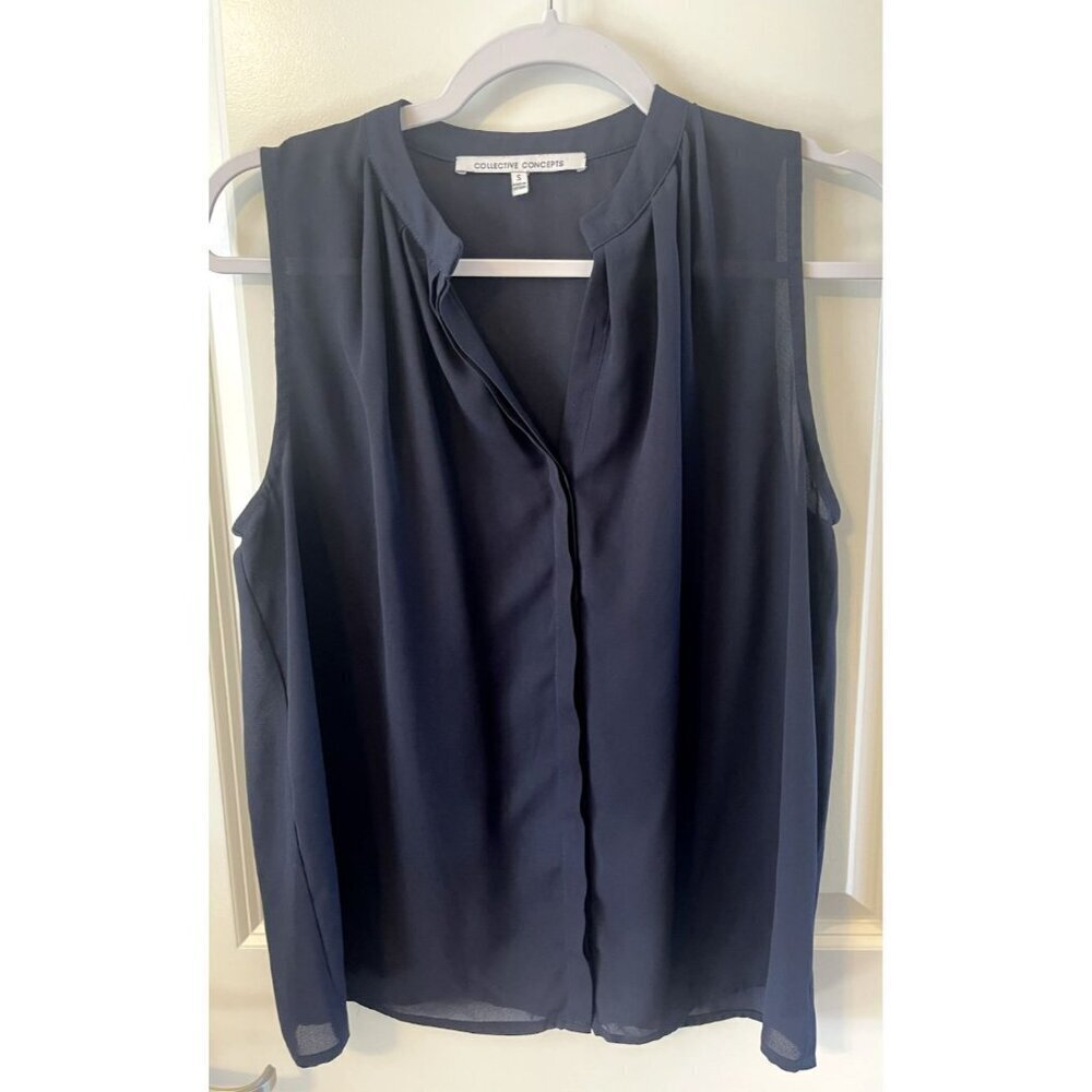 COLLECTIVE CONCEPTS Womens Navy Blue VNeck Button up S Sleeveless Blouse Chiffon